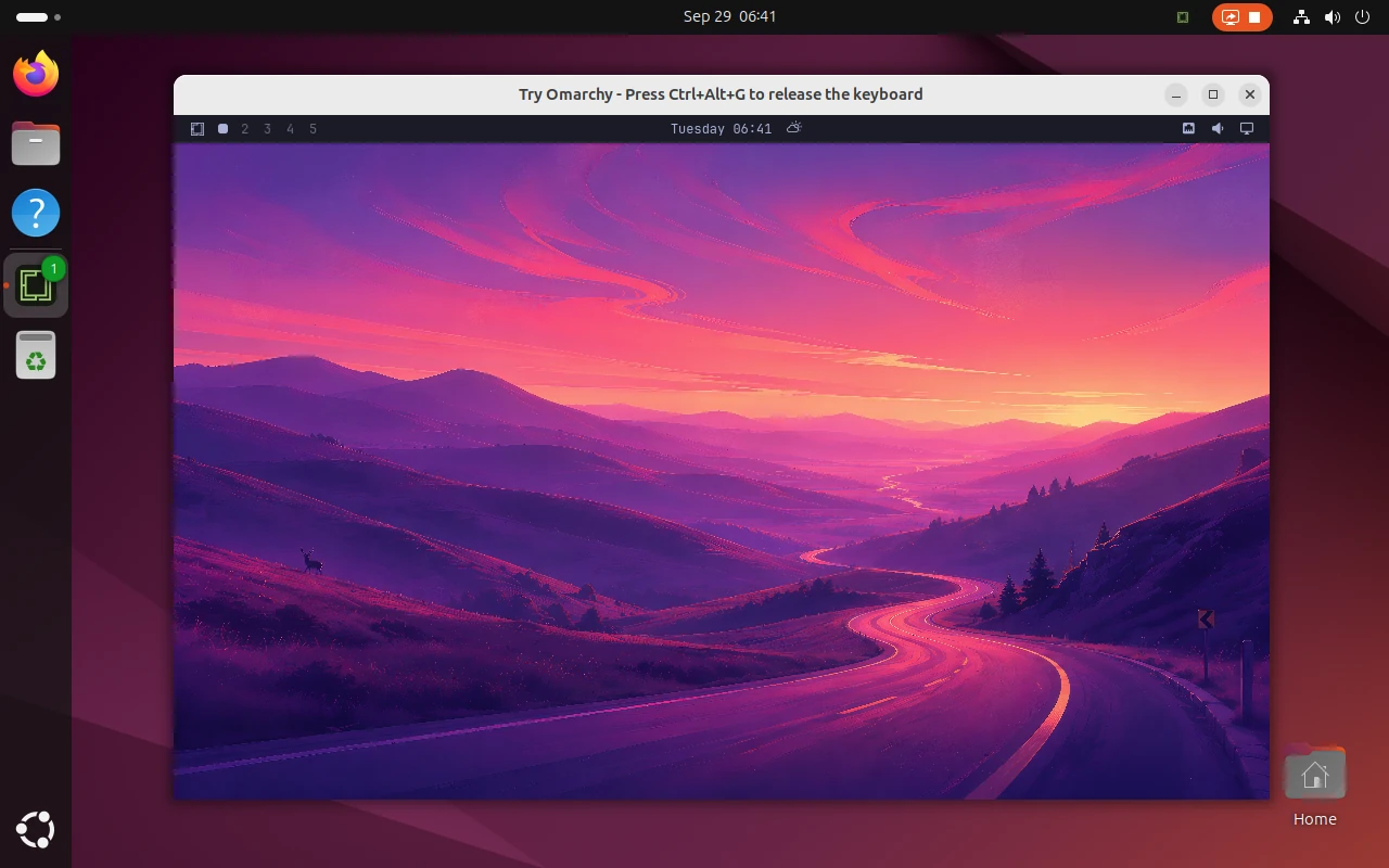 Try Omarchy in a window on Ubuntu, showing the Omarchy desktop.