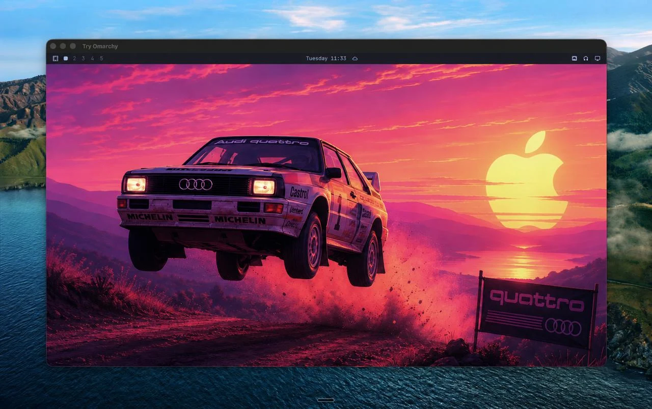 Try Omarchy running in a macOS window, showing the Quattro wallpaper.
